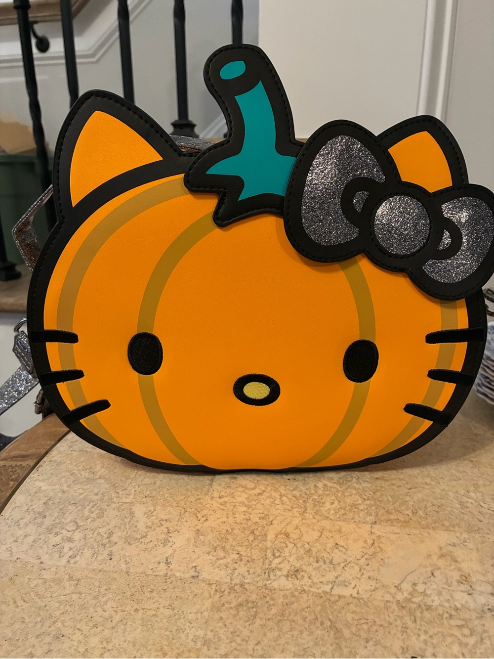Loungefly Hello Kitty Pumpkin Bag in Orange with Teal Stem and Silver Bow